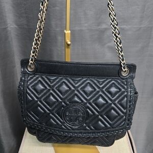 Tory Burch Black Quilted Shoulder Bag with Diamond Pattern